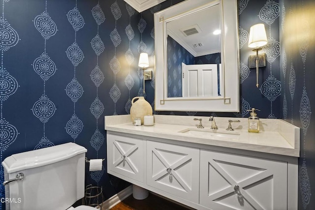 1550 Scenic Dr, Pasadena, CA 91103 - bathroom with ornamental molding, vanity, and wallpapered walls