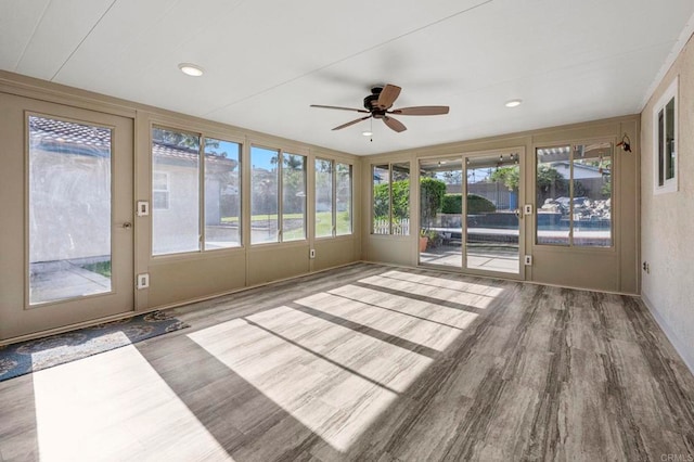 525 Hilo Way, Vista, CA 92081 - unfurnished sunroom with ceiling fan and wood finished floors