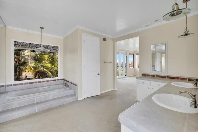 1138 Via Mil Cumbres, Solana Beach, CA 92075 - full bath featuring double vanity, a garden tub, plenty of natural light, and crown molding