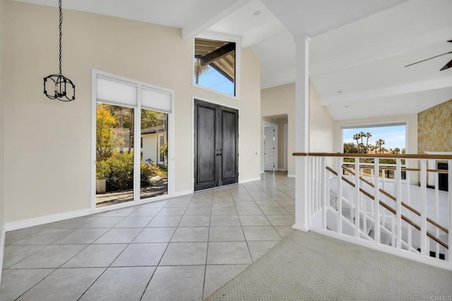 1138 Via Mil Cumbres, Solana Beach, CA 92075 - tiled foyer entrance with beamed ceiling and high vaulted ceiling
