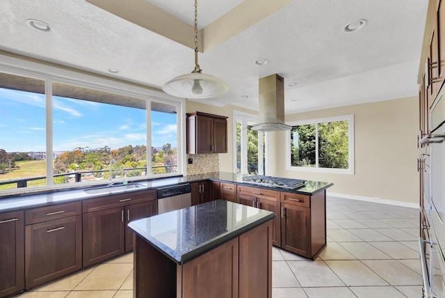 1138 Via Mil Cumbres, Solana Beach, CA 92075 - kitchen featuring island range hood, stainless steel appliances, a kitchen island, light tile patterned flooring, and a peninsula