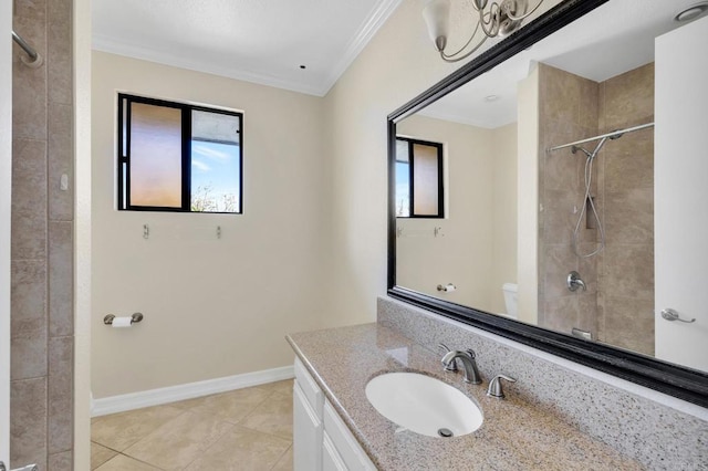 1138 Via Mil Cumbres, Solana Beach, CA 92075 - bathroom featuring healthy amount of natural light, ornamental molding, vanity, tiled shower, and tile patterned floors
