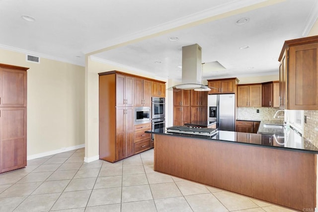 1138 Via Mil Cumbres, Solana Beach, CA 92075 - kitchen featuring stainless steel appliances, island exhaust hood, a peninsula, backsplash, and light tile patterned floors