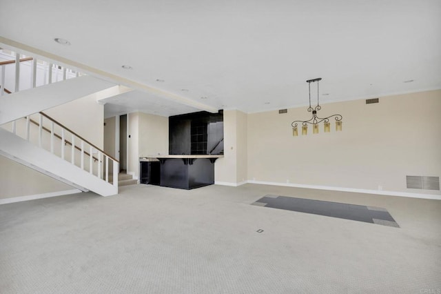 1138 Via Mil Cumbres, Solana Beach, CA 92075 - unfurnished living room featuring carpet floors and stairs