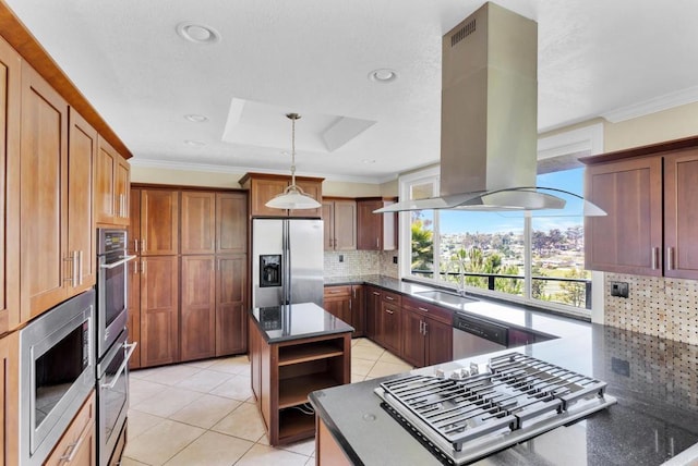 1138 Via Mil Cumbres, Solana Beach, CA 92075 - kitchen with appliances with stainless steel finishes, island range hood, open shelves, backsplash, and crown molding