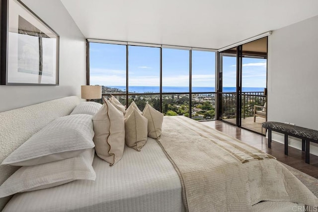 2500 Torrey Pines Rd Unit 1202, La Jolla, CA 92037 - bedroom with expansive windows, wood finished floors, access to outside, a water view, and multiple windows