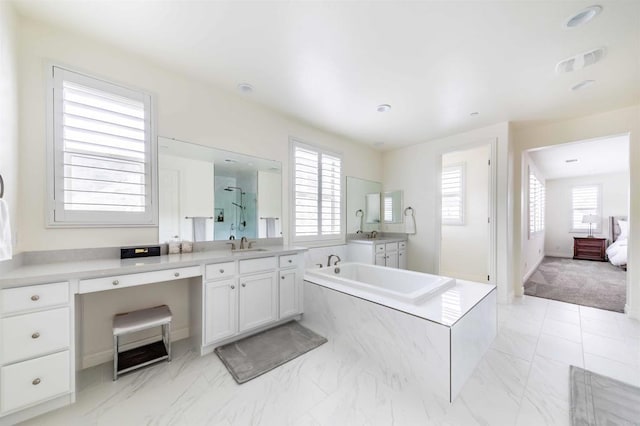 35909 Shetland Hls E, Fallbrook, CA 92028 - bathroom with a garden tub, vanity, marble finish flooring, and a shower