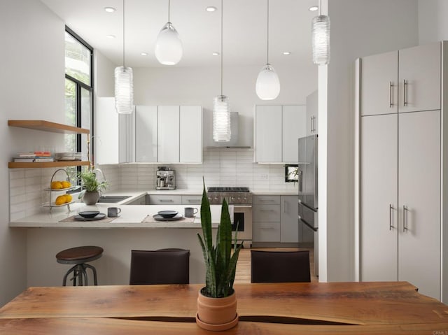 265 Coast Blvd Unit 9, La Jolla, CA 92037 - kitchen featuring appliances with stainless steel finishes, wall chimney exhaust hood, tasteful backsplash, light countertops, and recessed lighting