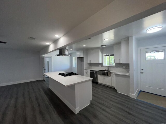 633 Kempton, Spring Valley, CA 91977 - kitchen with dishwasher, wall chimney range hood, black gas stovetop, dark wood-style floors, and recessed lighting