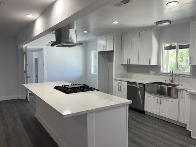 633 Kempton, Spring Valley, CA 91977 - kitchen featuring stainless steel dishwasher, wall chimney exhaust hood, black gas stovetop, light stone countertops, and dark wood-style flooring