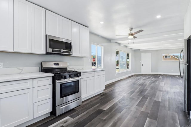 1947 D Ave, National City, CA 91950 - kitchen featuring appliances with stainless steel finishes, ceiling fan, white cabinetry, recessed lighting, and beam ceiling