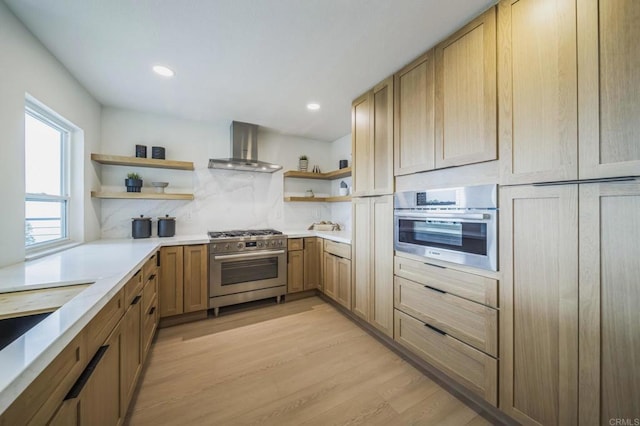 1763 Sky Loft Ln, Encinitas, CA 92024 - kitchen with open shelves, wall chimney range hood, appliances with stainless steel finishes, light wood-type flooring, and light countertops