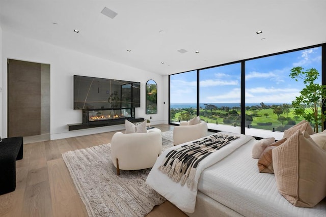 6627 Muirlands Dr, La Jolla, CA 92037 - bedroom with a glass covered fireplace, light wood finished floors, and recessed lighting
