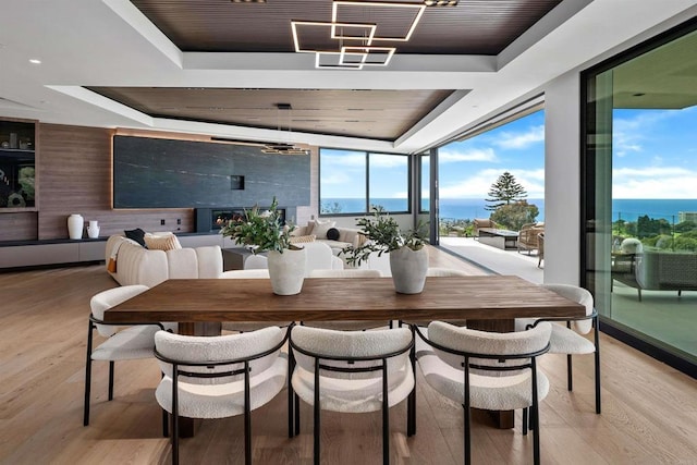6627 Muirlands Dr, La Jolla, CA 92037 - dining area featuring a tray ceiling and light wood-type flooring