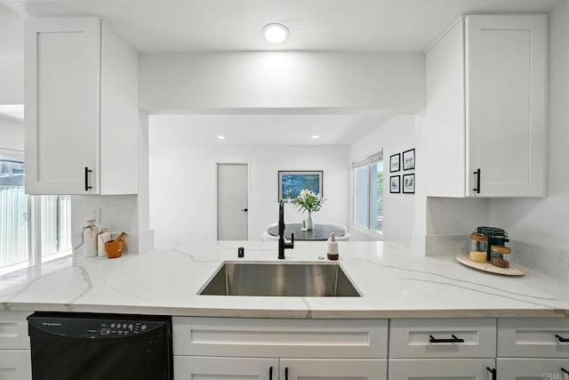 1472 Loma Ln, Chula Vista, CA 91911 - kitchen featuring dishwasher, white cabinets, light stone counters, a peninsula, and recessed lighting