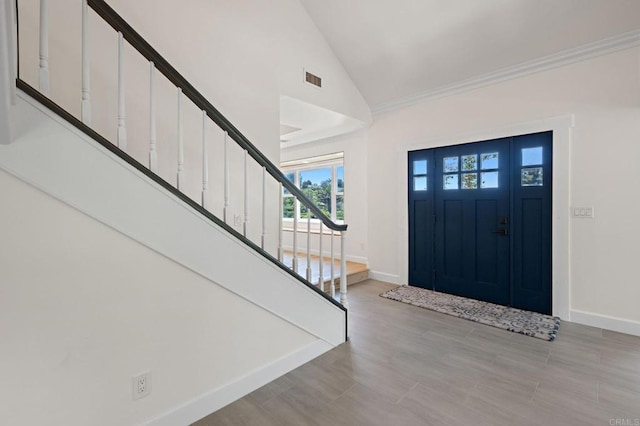 18 Gateview Dr, Fallbrook, CA 92028 - entrance foyer with stairway, crown molding, and high vaulted ceiling