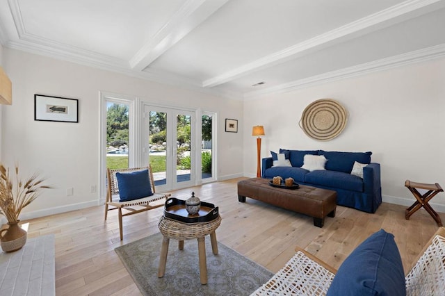 18 Gateview Dr, Fallbrook, CA 92028 - living area featuring beamed ceiling, wood-type flooring, and ornamental molding