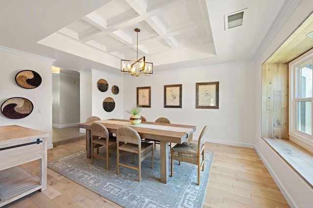 18 Gateview Dr, Fallbrook, CA 92028 - dining room featuring a chandelier, beam ceiling, light wood-type flooring, coffered ceiling, and ornamental molding