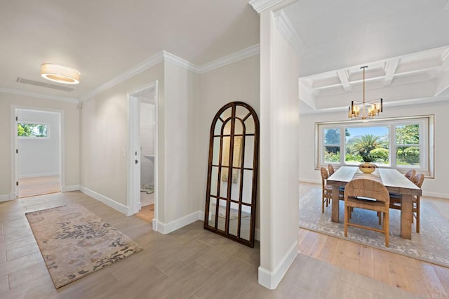 18 Gateview Dr, Fallbrook, CA 92028 - entrance foyer featuring a chandelier, ornamental molding, coffered ceiling, beam ceiling, and wood finished floors