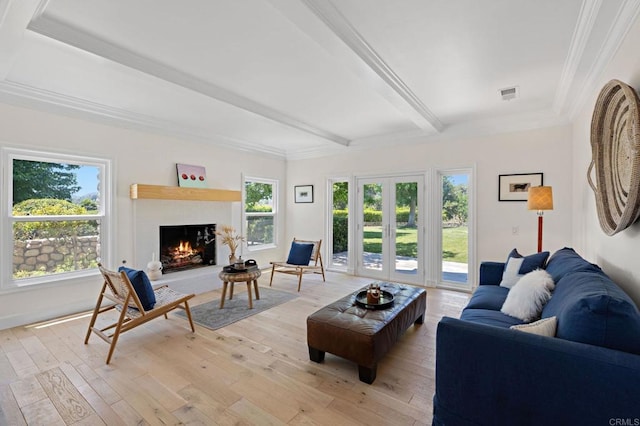 18 Gateview Dr, Fallbrook, CA 92028 - living area featuring beamed ceiling, light wood-style flooring, a lit fireplace, and crown molding