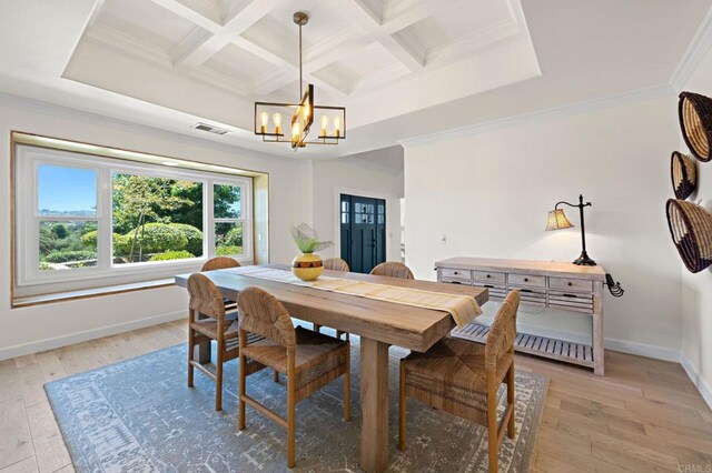 18 Gateview Dr, Fallbrook, CA 92028 - dining space with a chandelier, light wood-style flooring, ornamental molding, coffered ceiling, and beamed ceiling