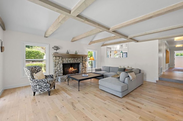 18 Gateview Dr, Fallbrook, CA 92028 - living room with hardwood / wood-style floors, beam ceiling, and a stone fireplace