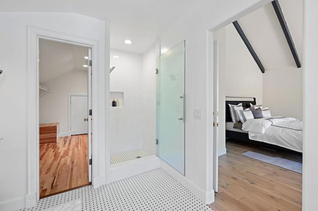 18 Gateview Dr, Fallbrook, CA 92028 - bathroom featuring vaulted ceiling, a shower stall, ensuite bathroom, wood finished floors, and recessed lighting