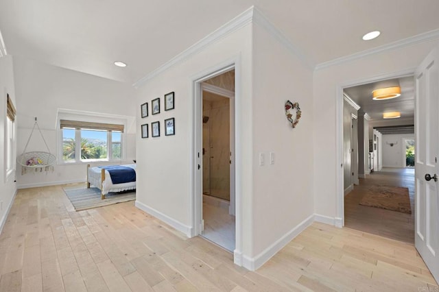 18 Gateview Dr, Fallbrook, CA 92028 - corridor with light wood-type flooring, crown molding, and recessed lighting