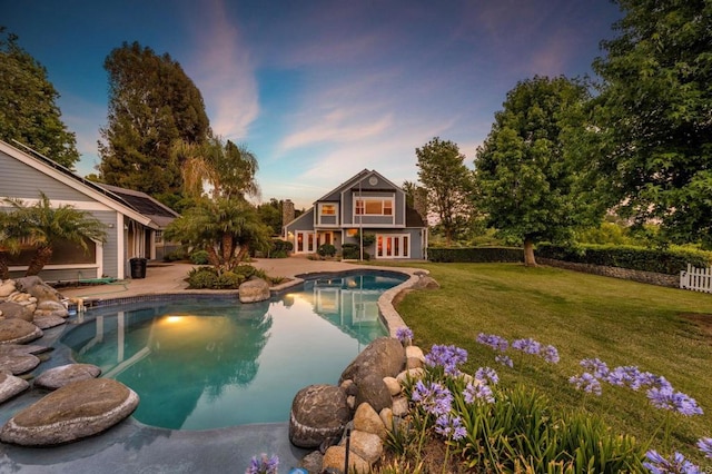 18 Gateview Dr, Fallbrook, CA 92028 - pool at dusk featuring a yard, a patio area, and an outdoor pool