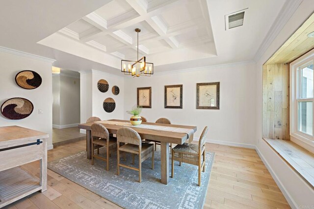 18 Gateview Dr, Fallbrook, CA 92028 - dining room featuring a chandelier, beam ceiling, light wood finished floors, coffered ceiling, and ornamental molding
