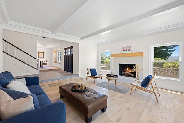 18 Gateview Dr, Fallbrook, CA 92028 - living area featuring stairway, wood finished floors, a warm lit fireplace, crown molding, and beamed ceiling