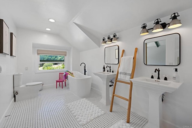 18 Gateview Dr, Fallbrook, CA 92028 - bathroom with a freestanding bath, lofted ceiling, and recessed lighting