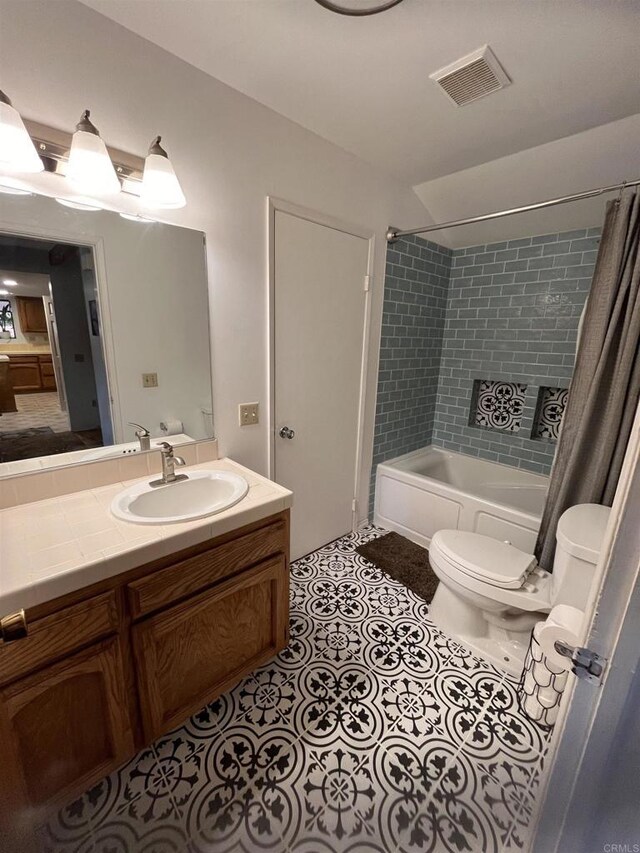 8606 Valley View Trl, Pine Valley, CA 91962 - bathroom featuring vanity, shower / tub combo with curtain, and tile patterned floors