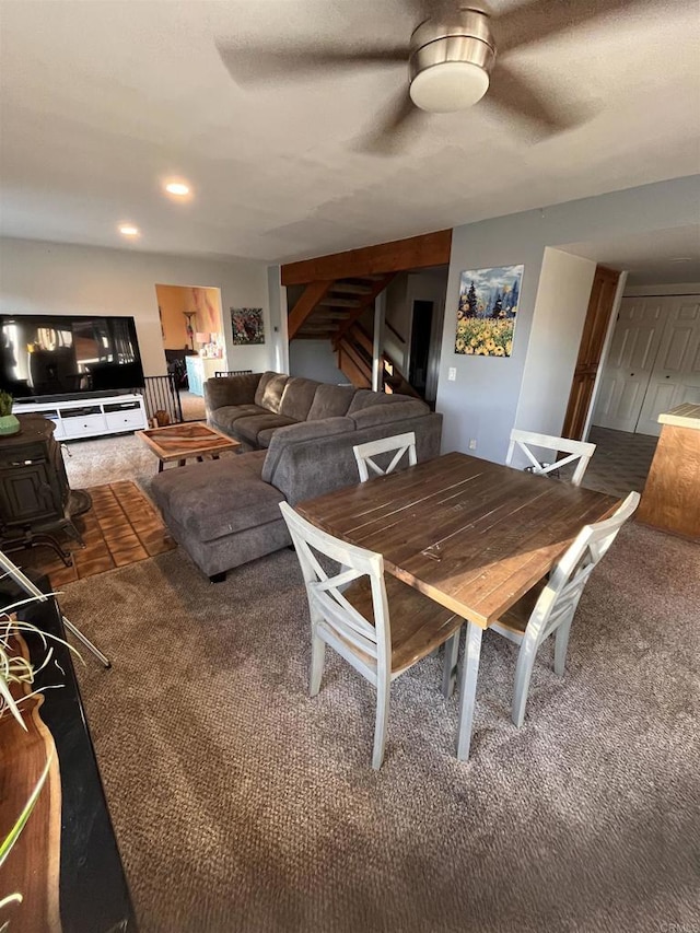 8606 Valley View Trl, Pine Valley, CA 91962 - carpeted dining area featuring a ceiling fan, stairway, a wood stove, and recessed lighting