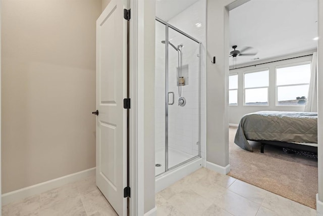 3520 Conner Way, Oceanside, CA 92056 - full bathroom featuring connected bathroom, a stall shower, ceiling fan, and tile patterned floors
