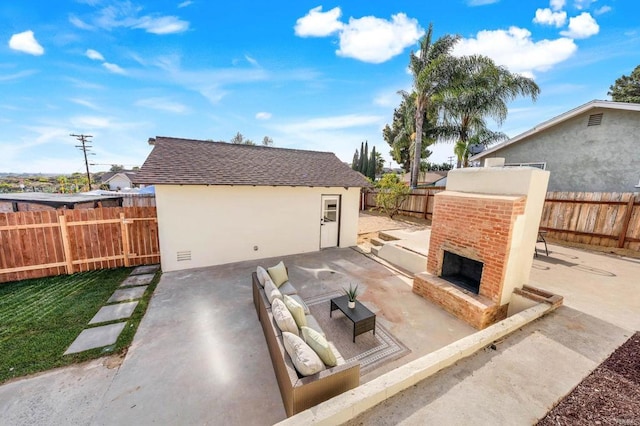 640 Pyramid St, San Diego, CA 92114 - fenced backyard with an outdoor brick fireplace and a patio area