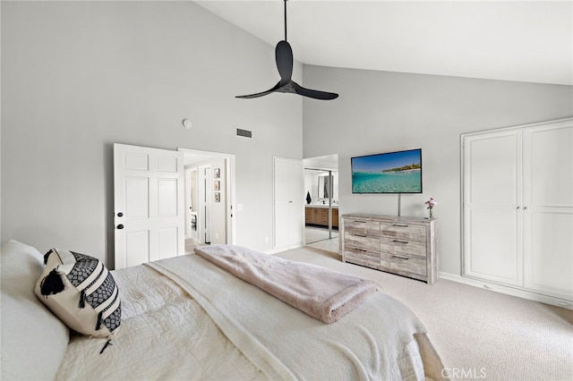 917 Hyde Ct, Costa Mesa, CA 92626 - carpeted bedroom with high vaulted ceiling, connected bathroom, and a ceiling fan