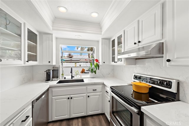 917 Hyde Ct, Costa Mesa, CA 92626 - kitchen with stainless steel appliances, under cabinet range hood, crown molding, decorative backsplash, and white cabinetry