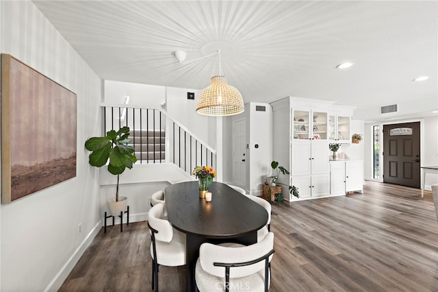 917 Hyde Ct, Costa Mesa, CA 92626 - dining area featuring stairs, dark wood-style flooring, and recessed lighting