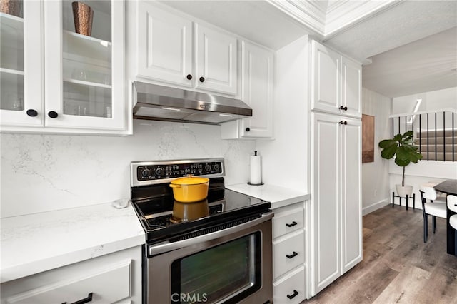917 Hyde Ct, Costa Mesa, CA 92626 - kitchen featuring electric range, under cabinet range hood, white cabinetry, decorative backsplash, and wood finished floors
