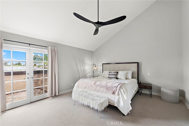 917 Hyde Ct, Costa Mesa, CA 92626 - bedroom featuring access to exterior, carpet flooring, french doors, high vaulted ceiling, and ceiling fan