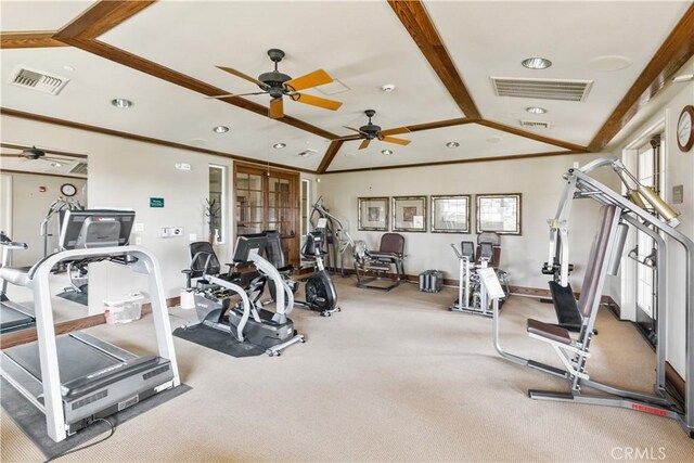 2747 Traditions Loop, Paso Robles, CA 93446 - workout area featuring vaulted ceiling, ceiling fan, recessed lighting, and carpet