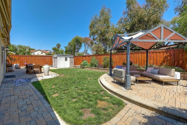 5431 Stirrup Way, Oceanside, CA 92057 - fenced backyard featuring an outdoor hangout area, a patio area, a storage shed, and outdoor dining area