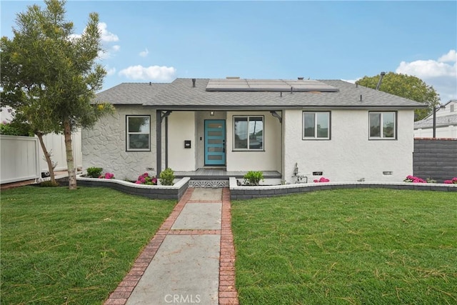 8115 Etiwanda Ave, Reseda, CA 91335 - single story home featuring solar panels, stucco siding, a porch, and a shingled roof