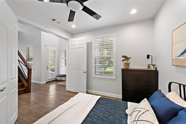9 Reese Crk, Ladera Ranch, CA 92694 - bedroom featuring wood finished floors, recessed lighting, a ceiling fan, access to outside, and baseboards