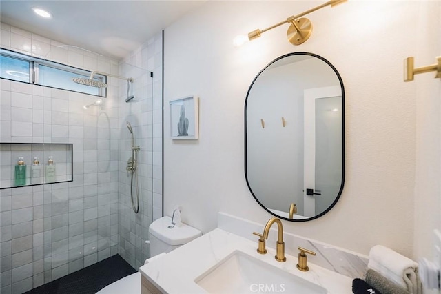58250 Sierra Vista Dr, Yucca Valley, CA 92284 - full bath with vanity, a tile shower, and toilet