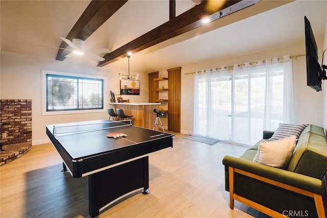 58250 Sierra Vista Dr, Yucca Valley, CA 92284 - playroom featuring beamed ceiling, wood finished floors, a ceiling fan, and baseboards