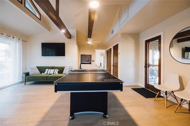 58250 Sierra Vista Dr, Yucca Valley, CA 92284 - playroom with wood finished floors, ceiling fan, beam ceiling, and baseboards