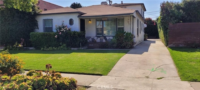 1623 S Sycamore Ave, Los Angeles, CA 90019 - view of front of house featuring covered porch, stucco siding, concrete driveway, and a chimney