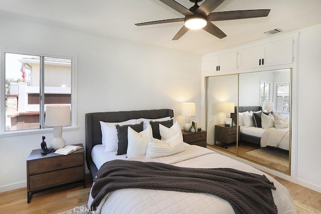 9864 Van Ruiten St, Bellflower, CA 90706 - bedroom with light wood finished floors, a closet, and a ceiling fan